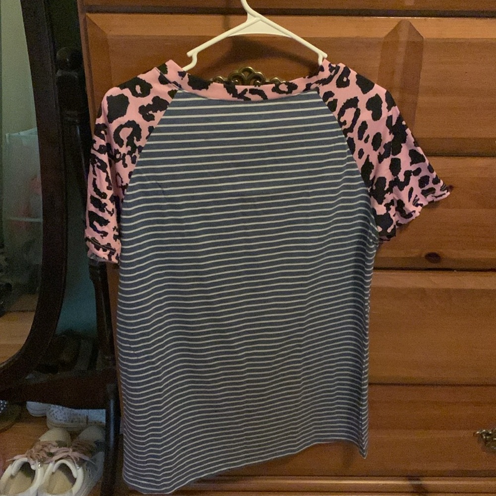 Women’s Navy Stripe Tee with Pink Leopard Raglan Sleeves - Picture 2 of 2